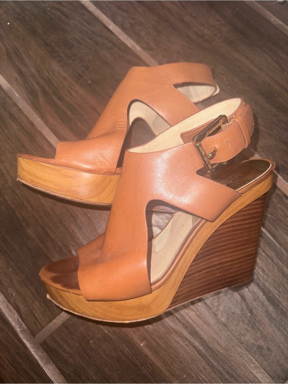 Michael Kors Women’s Tan Leather Wedge Sandals - Classic Buckle Slingback